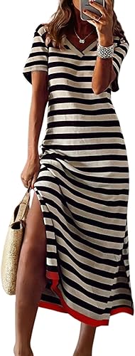 Summer Dress Casual Womens Fashion Short Sleeve Maxi Dress T Shirt Dress Striped Long Color Block Maxi Dress