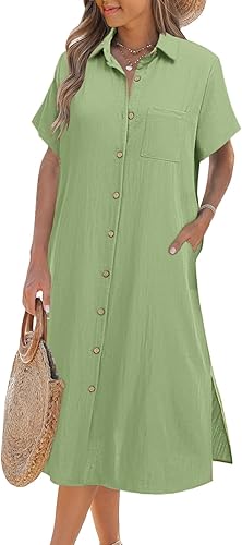 Women Dresses Summer Casual Short Sleeve Button Down Shirt Dresses 2025 Beach Cover Up with Pockets