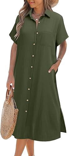 Women Dresses Summer Casual Short Sleeve Button Down Shirt Dresses 2025 Beach Cover Up with Pockets