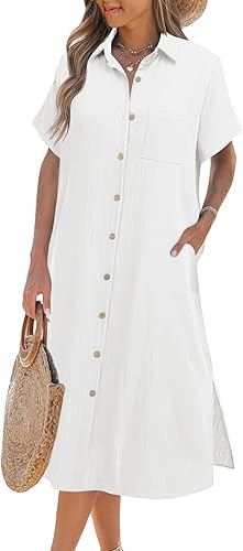 Women Dresses Summer Casual Short Sleeve Button Down Shirt Dresses 2025 Beach Cover Up with Pockets