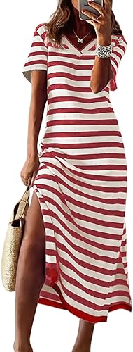 Summer Dress Casual Womens Fashion Short Sleeve Maxi Dress T Shirt Dress Striped Long Color Block Maxi Dress