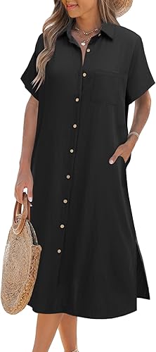 Women Dresses Summer Casual Short Sleeve Button Down Shirt Dresses 2025 Beach Cover Up with Pockets