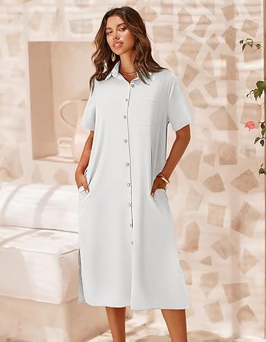 Women Dresses Summer Casual Short Sleeve Button Down Shirt Dresses 2025 Beach Cover Up with Pockets