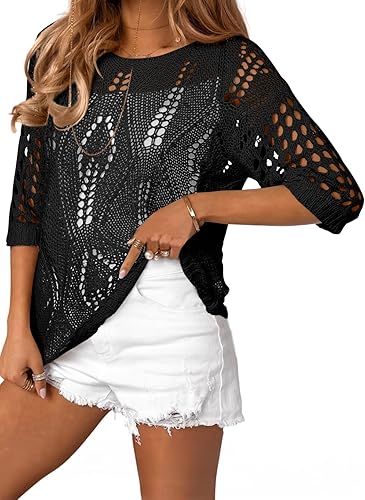 Womens Crochet Hollow Out Knit Tops Half Sleeve Spring Summer Sweaters Beach Cover Ups for Women Trendy 2025