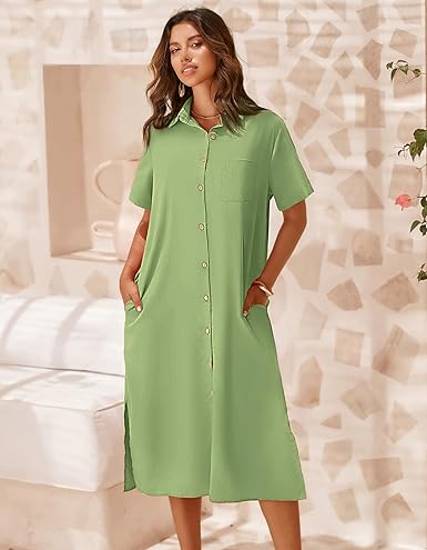 Women Dresses Summer Casual Short Sleeve Button Down Shirt Dresses 2025 Beach Cover Up with Pockets