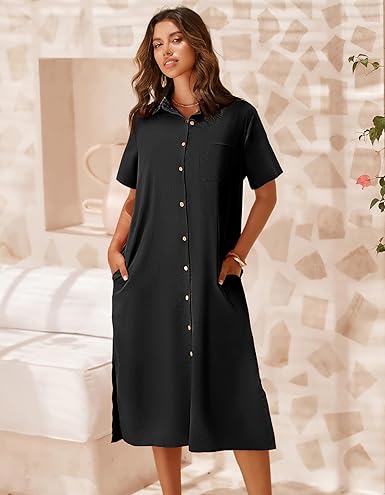 Women Dresses Summer Casual Short Sleeve Button Down Shirt Dresses 2025 Beach Cover Up with Pockets