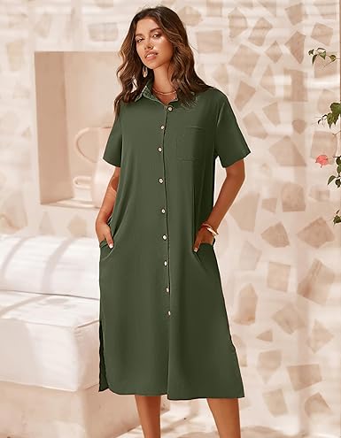 Women Dresses Summer Casual Short Sleeve Button Down Shirt Dresses 2025 Beach Cover Up with Pockets
