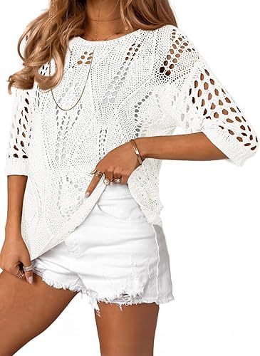 Womens Crochet Hollow Out Knit Tops Half Sleeve Spring Summer Sweaters Beach Cover Ups for Women Trendy 2025