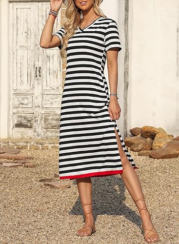 Summer Dress Casual Womens Fashion Short Sleeve Maxi Dress T Shirt Dress Striped Long Color Block Maxi Dress