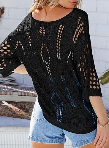 Womens Crochet Hollow Out Knit Tops Half Sleeve Spring Summer Sweaters Beach Cover Ups for Women Trendy 2025