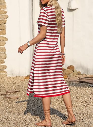 Summer Dress Casual Womens Fashion Short Sleeve Maxi Dress T Shirt Dress Striped Long Color Block Maxi Dress