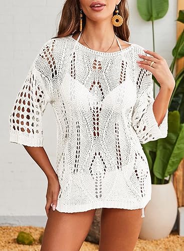 Womens Crochet Hollow Out Knit Tops Half Sleeve Spring Summer Sweaters Beach Cover Ups for Women Trendy 2025