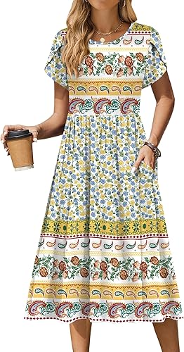 Women Summer Short Sleeve Midi Dress with Pockets Casual Aline Flowy Tshirt Dress Floral Vocation Beach Sundress