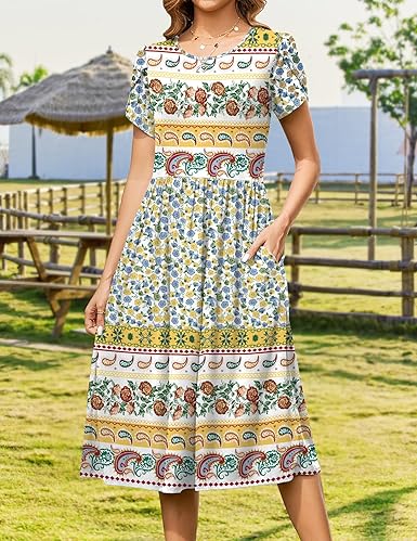 Women Summer Short Sleeve Midi Dress with Pockets Casual Aline Flowy Tshirt Dress Floral Vocation Beach Sundress