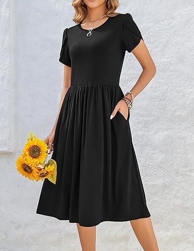 Women Summer Short Sleeve Midi Dress with Pockets Casual Aline Flowy Tshirt Dress Floral Vocation Beach Sundress