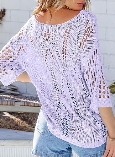 Womens Crochet Hollow Out Knit Tops Half Sleeve Spring Summer Sweaters Beach Cover Ups for Women Trendy 2025