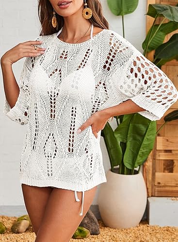 Womens Crochet Hollow Out Knit Tops Half Sleeve Spring Summer Sweaters Beach Cover Ups for Women Trendy 2025
