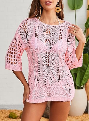 Womens Crochet Hollow Out Knit Tops Half Sleeve Spring Summer Sweaters Beach Cover Ups for Women Trendy 2025