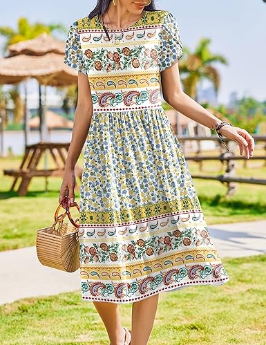 Women Summer Short Sleeve Midi Dress with Pockets Casual Aline Flowy Tshirt Dress Floral Vocation Beach Sundress