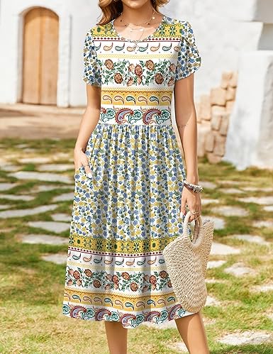 Women Summer Short Sleeve Midi Dress with Pockets Casual Aline Flowy Tshirt Dress Floral Vocation Beach Sundress